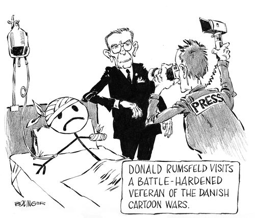 Donald Rumsfeld visits a battle-hardened veteran of the Danish Cartoon Wars.