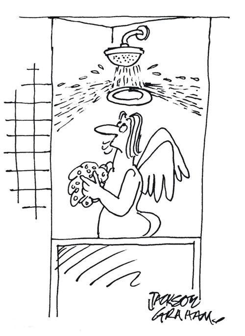 Showering angel has water bouncing off her halo.