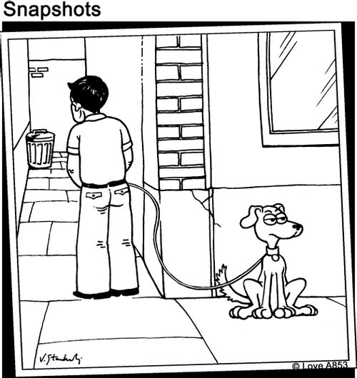 Man taking a pee while walking the dog.