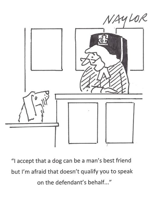 'I accept that a dog can be a man's best friend but I'm afraid that doesn't qualify you to speak on the defendant's behalf...'