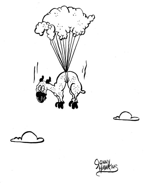 Sheep sky diving using wool as chute.