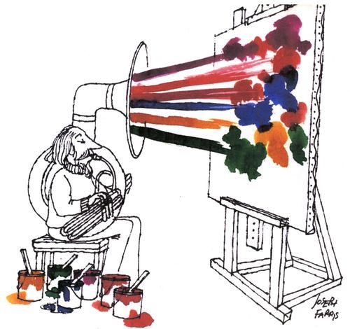 Man blowing paint at a canvas through a French horn.