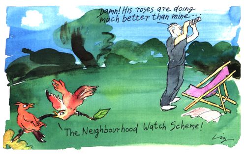'The neighbourhood Watch Scheme!' "Damn, his roses are doing much better than mine"