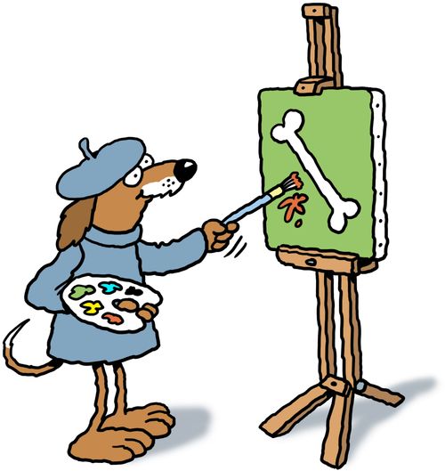 An artistic dog painting a picture of a bone.