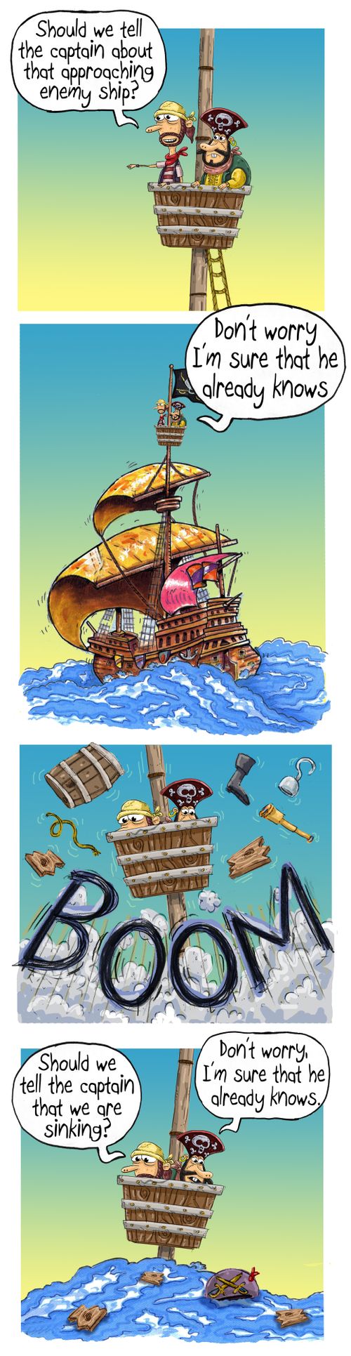 "Should we tell the captain about that approaching enemy ship?"