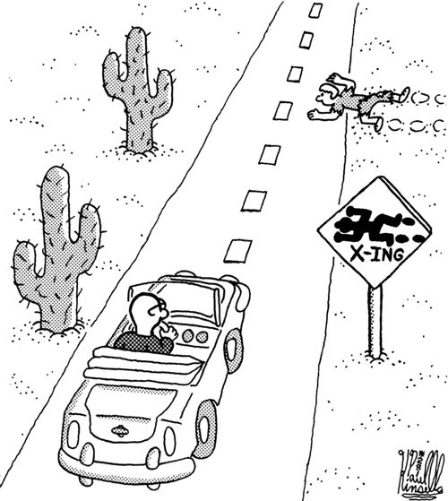 Driver of car sees a desert crawler crossing zone sign. (cars)