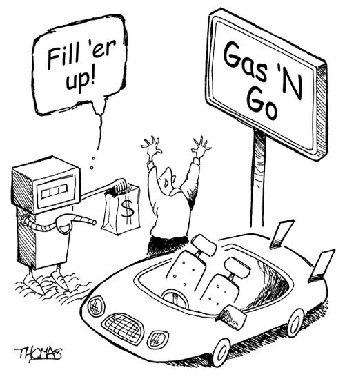 Gas tank is holding up a customer for money 'Fill 'er up!'