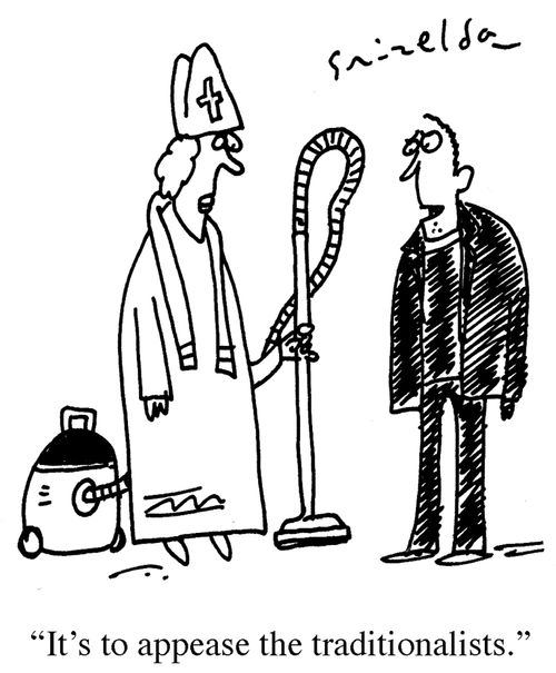 Woman Bishop with vacuum cleaner. Vicar saying 'It's to appease the traditionalists.'