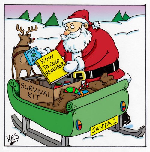 Santa loads his sleigh with a survival book, entitled: 'How to cook reindeer'.