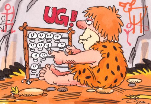 Caveman counting on an abacus made of small skulls