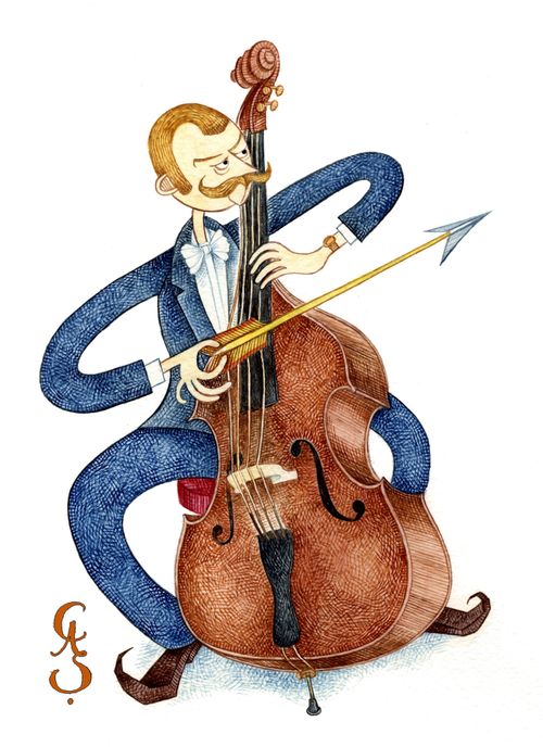 Cello player with arrow instead of bow.