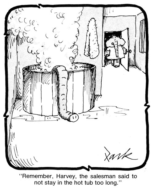'Remember, Harvey, the salesman said to not stay in the hot tub too long.'