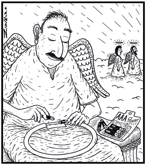 Visual Gag / A man in Heaven replacing the AAA batteries for his halo