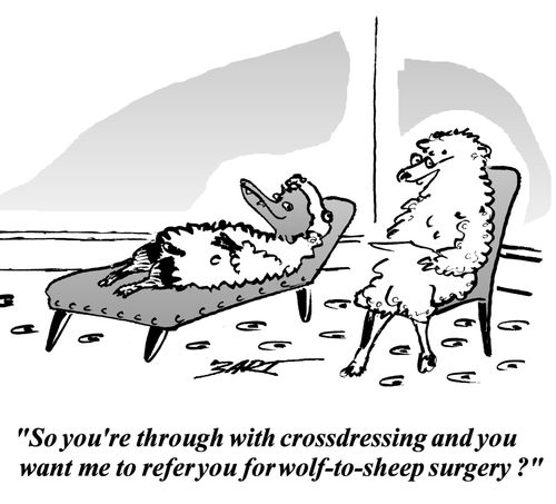 'So you're through with crossdressing and you want me to refer you for wolf-to-sheep surgery?'