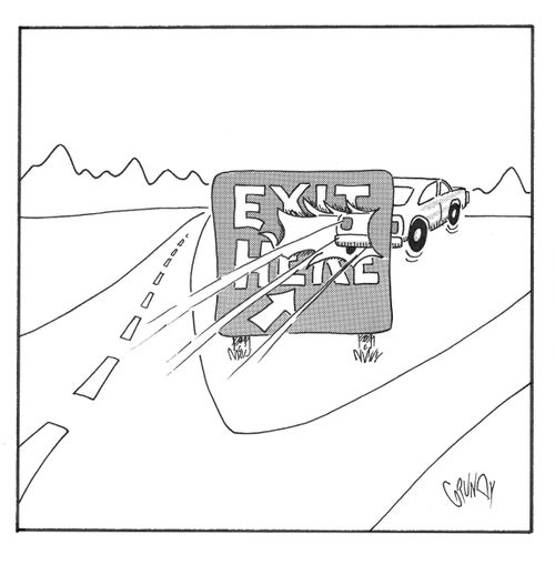 Car on exit ramp crashes through 'EXIT HERE' sign.