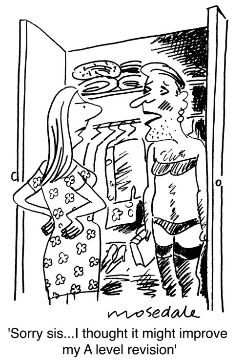 Cross dressing to improve exam results. [Girls doing better at school.]