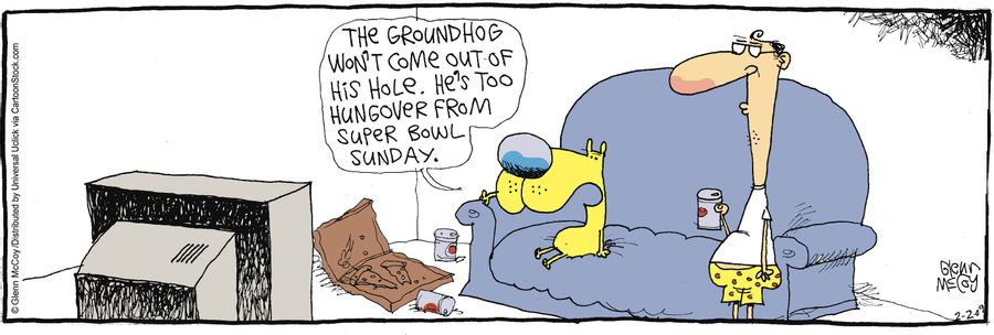 'The groundhog won't come out of his hole. He's too hungover from super bowl Sunday.'