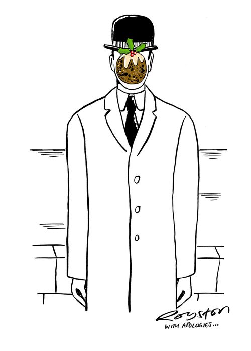 Magritte Man with Xmas pudding instead of apple.