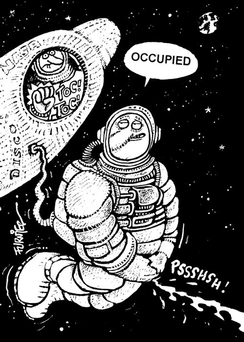 "Occupied" - Man urinating in space