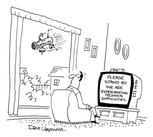 TV message reads 'Please stand by. We are experiencing technical difficulties.' as a TV satellite plummets to earth outside.