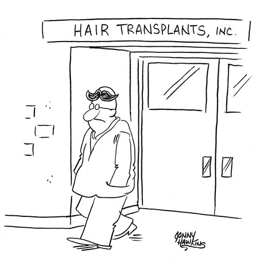 Man leaves Hair Transplant Center with mustache on head.