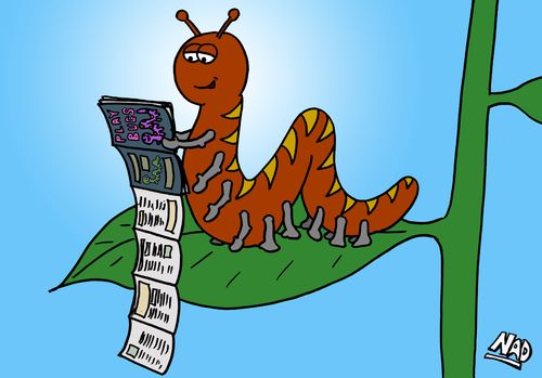 A caterpillar looks at a centrefold in a girly magazine that is several pages long.