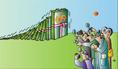 Bundles of cash in a domino effect.