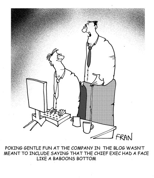 Poking gentle fun at the company in the blog wasn't meant to include saying that the chief exec had a face like a baboons bottom.