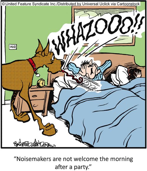 'Noisemakers are not welcome the morning after a party.'