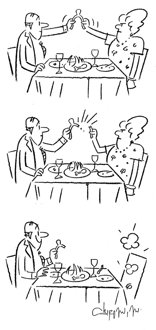 Snapping the wishbone, the husband wins and wishes his wife would disappear.