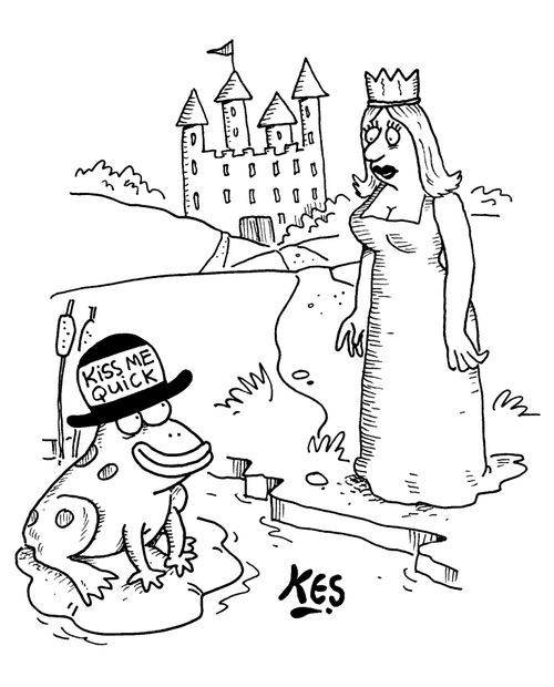 Frog Prince wearing a 'Kiss me quick' hat.