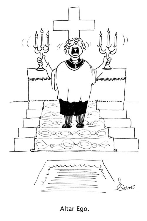 Vicar shouting in front of the altar: 'Altar Ego.'