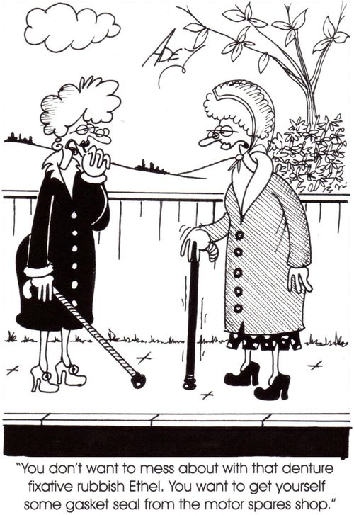"You don't want to mess about with that denture fixative rubbish Ethel.  You want to get yourself some gasket seal from the motor spares shop."