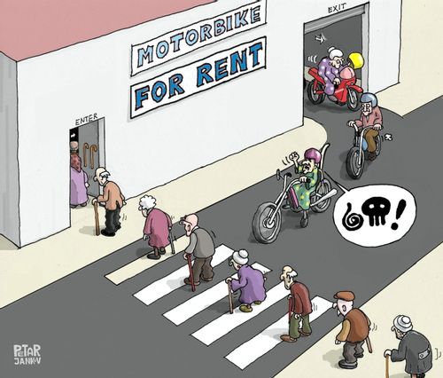 Pensioners queue up for a Motorbike for Rent.