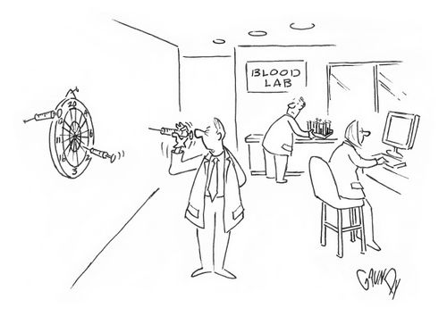 Lab tech tosses hypodermic needles at dartboard.