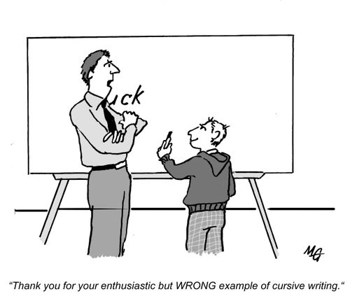 "Thank you for your enthusiastic but WRONG example of cursive writing."