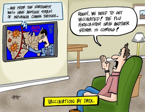 "Honey, we need to get vaccinated! The flu forecaster says another storm is coming!"