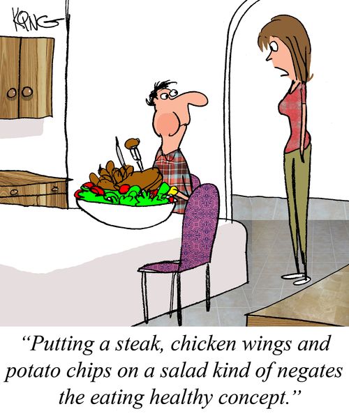 "Putting a steak, chicken wings and potato chips on a salad kind of negates the eating healthy concept."