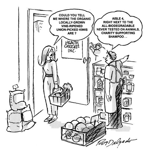 'Could you tell me where the organic locally-grown vine-ripened union-picked kiwis are?'