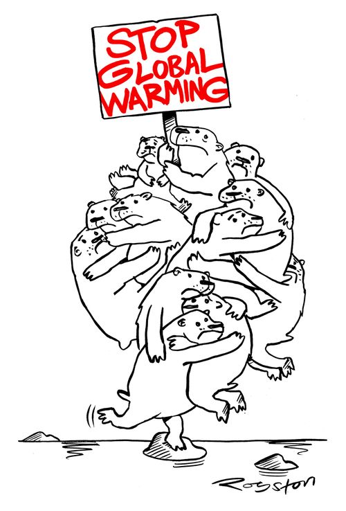Polar bears gathered on single piece of ice hold banner saying: STOP GLOBAL WARMING.