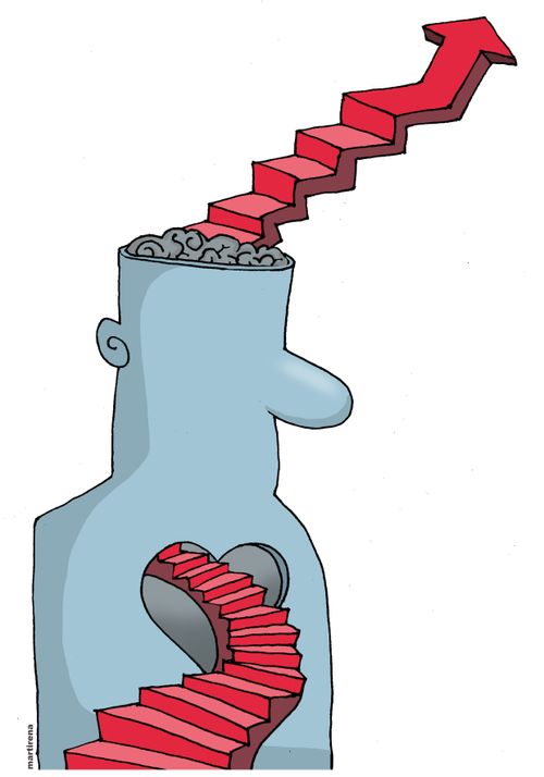 A stairway leading into a heart leads out from the brain.