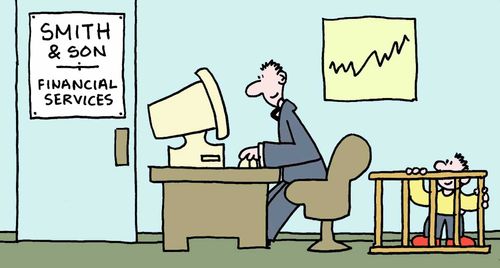 Smith and Son Financial Services.  (Son in playpen behind desk).