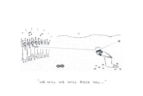'We will we will rock you...' - Crowd singing Queen song during stoning.