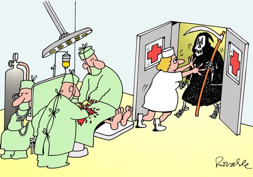 Nurse pushing the Grim Reaper out of the Surgery room.