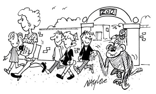 Children leaving zoo with chimp