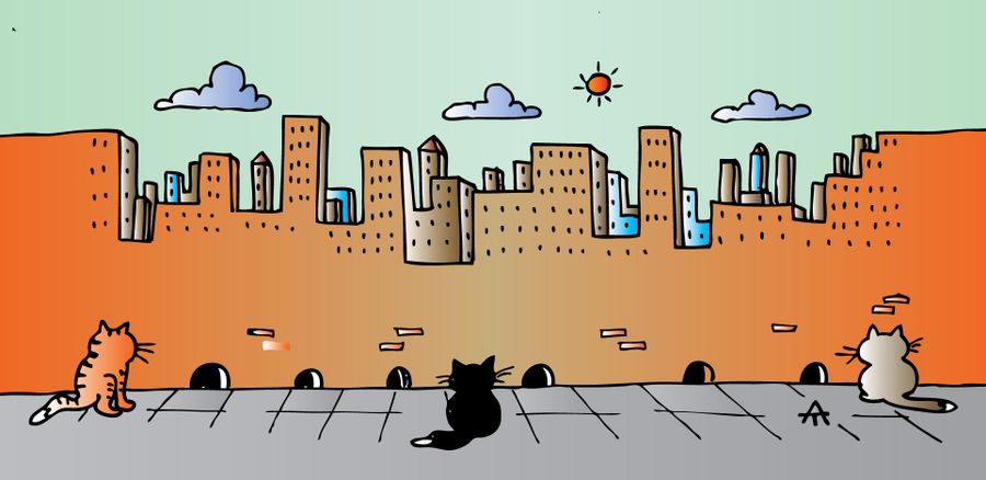 Cats Waiting at a City's mouseholes.