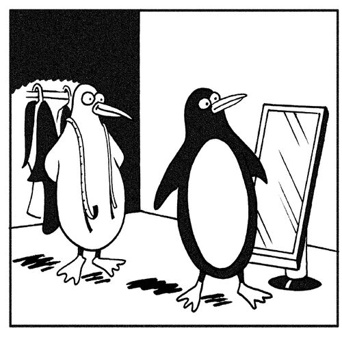Penguin trying on a suit.