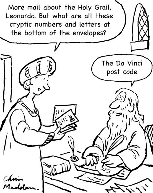 "More mail abot the Holy Grail, Leonardo.  But what are all these cryptic numbers and letters at the bottom of the envelopes?"  "The Da Vinci post code."