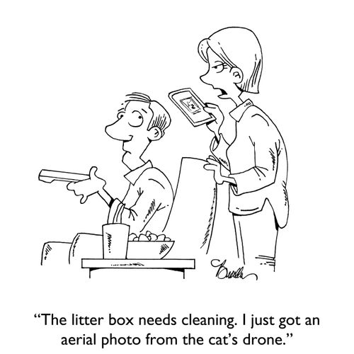 "The litter box needs cleaning. I just got an aerial photo from the cat's drone."