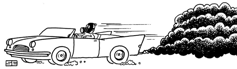 Man in Gas-Guzzling Car wearing Gas Mask